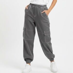 Rachel Paige Y2K cargo jogger pants in dark gray with white contrast stitching